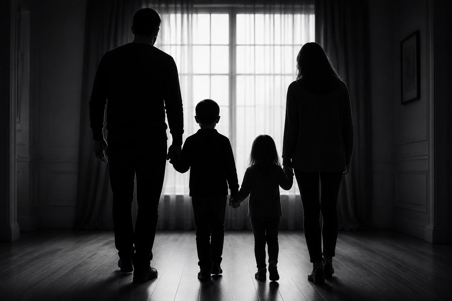 Silhueta de família em contraluz, atmosfera sóbria